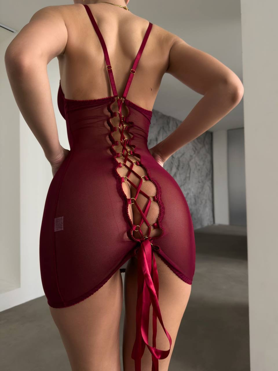 LiviaMiss Bordo Transparan Esnek Elbise – Lüks İç Giyim